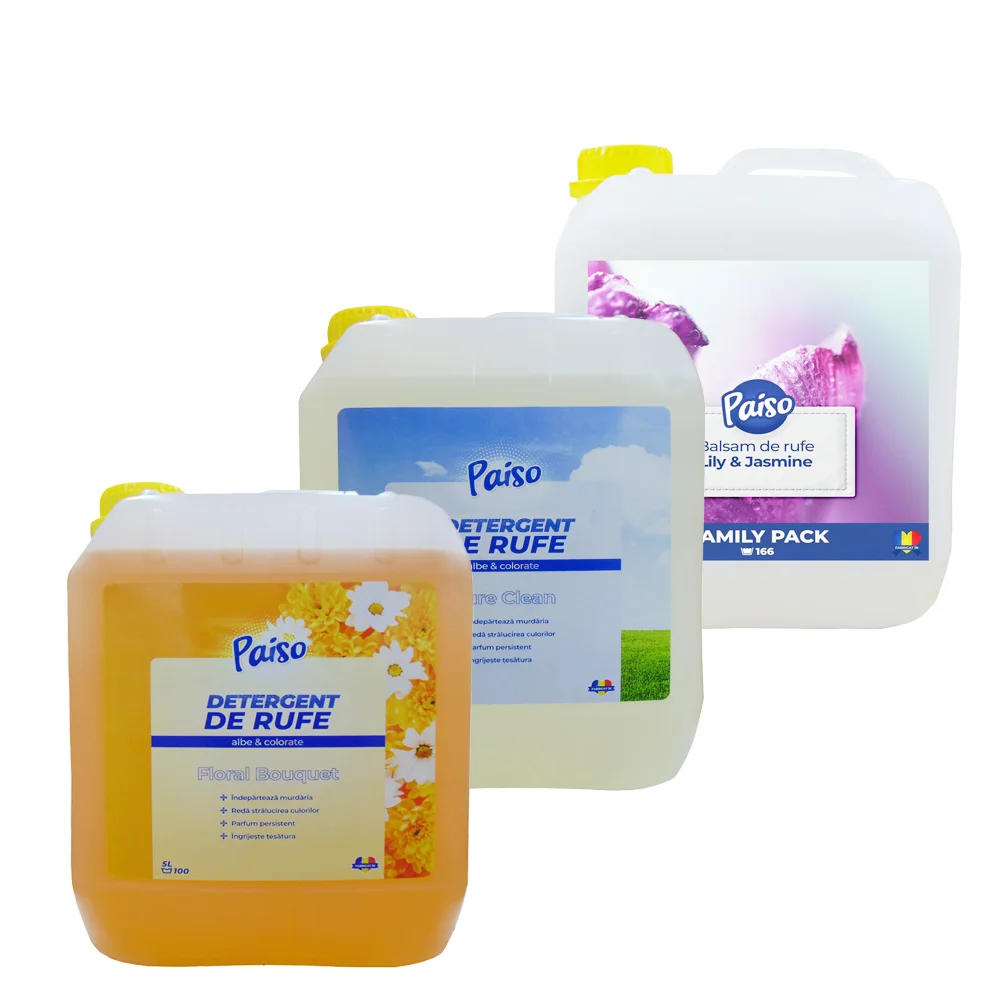 Pachet promo: 2x5L detergent de rufe lichid Paiso: Floral Bouquet, Pure Clean, 1x5L Balsam de rufe concentrat Lily & Jasmine