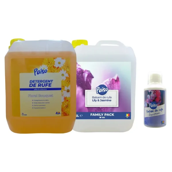 Pachet promo 1x5L detergent lichid rufe Paiso Floral Bouquet, 1x5L balsam de rufe Lily & Jasmine, 1x200ml Parfum de rufe