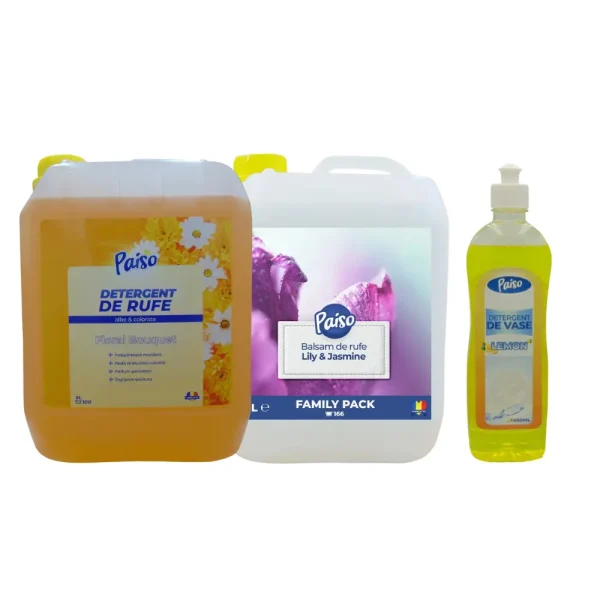 Pachet promo 1x5L detergent lichid rufe Paiso Floral Bouquet, 1x5L balsam de rufe Lily & Jasmine, 1x500ml detergent de vase