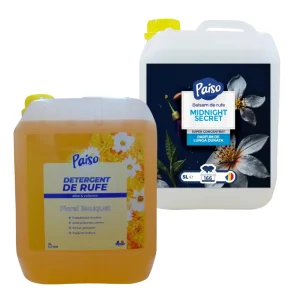 Pachet promo 1x5L detergent lichid de rufe Paiso Floral Bouquet, 1x5L Balsam de rufe Midnight Secret